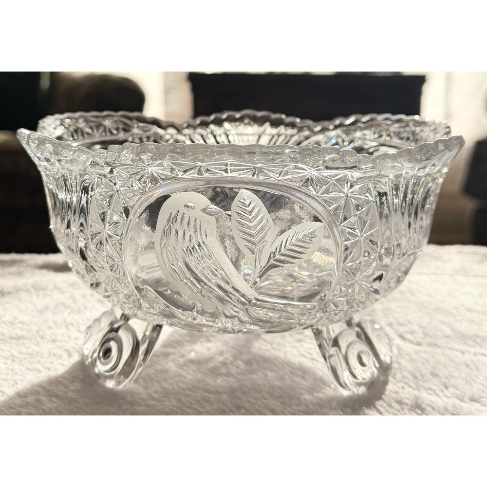 Hofbauer Byrdes Clear Crystal Footed Bowl Bird Design Germany 7.5" Vintage EUC